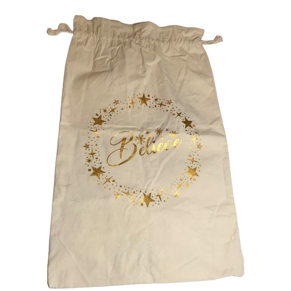 New JUMBO Canvas Tote Christmas Santa's Toy Bag "Believe" Gold Letters Cotton - Picture 1 of 9